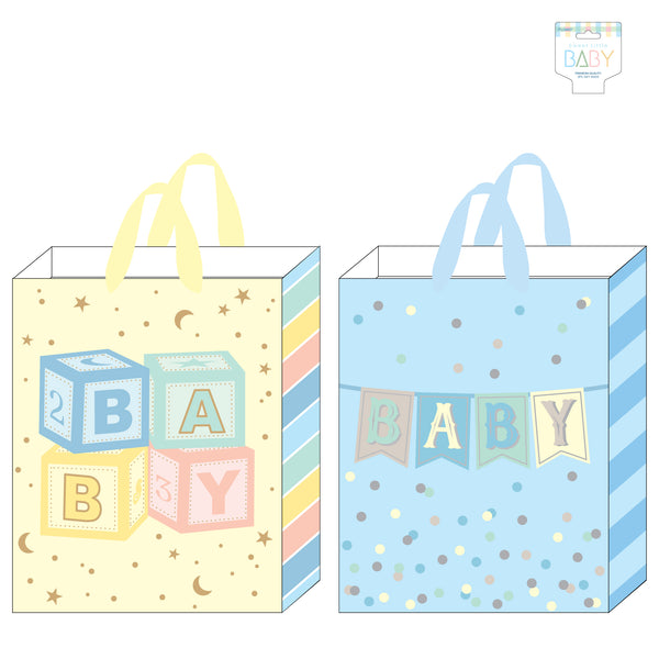 2Pk Extra Large Baby Gift Bags W/Hot Stamp, Baby Boy Blocks-Banner, 2 Designs
