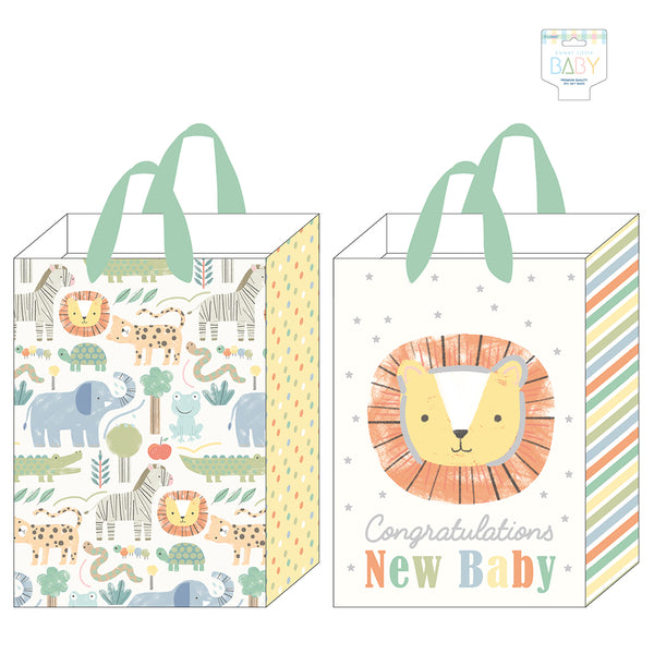 2Pk Extra Large Baby Gift Bags W/Hot Stamp, Safari Baby Congrats, 2 Designs