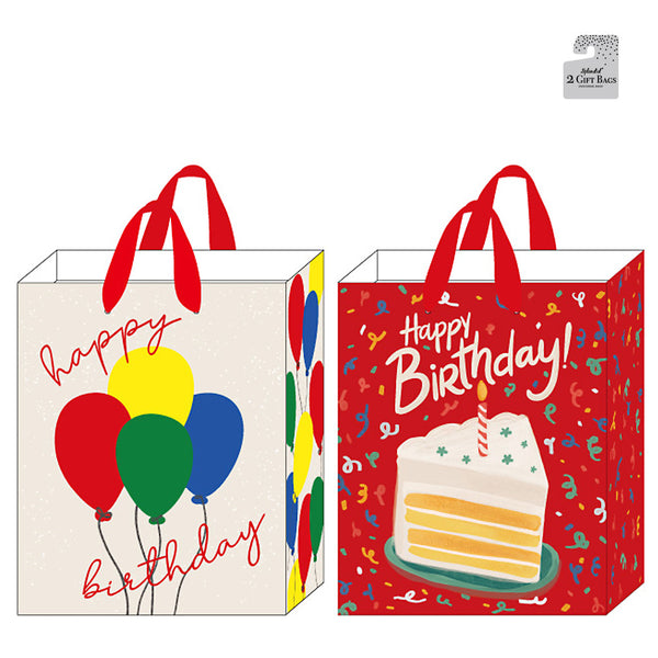 3Pk Large Birthday Gift Bags W/Hot Stamp, Balloons & Cake, 2 Designs