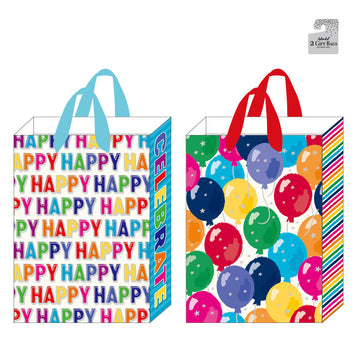 3Pk Large Birthday Gift Bags W/Hot Stamp, Typography & Balloons, 2 Designs