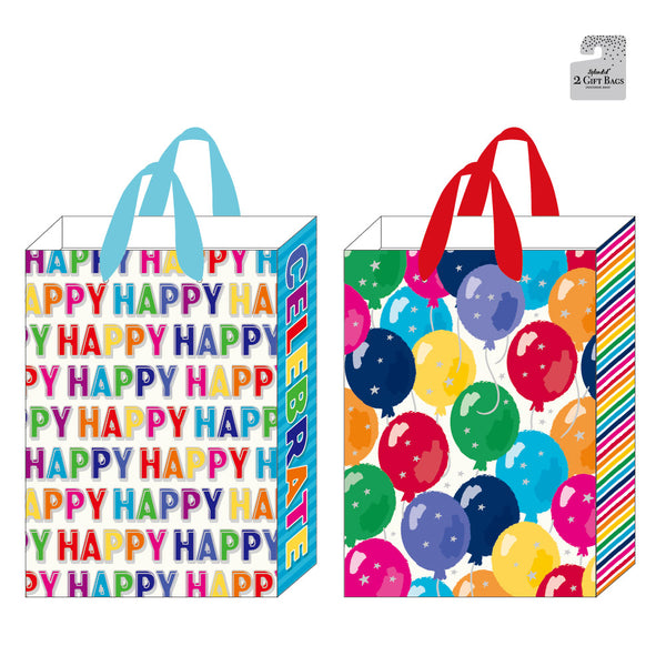 3Pk Large Birthday Gift Bags W/Hot Stamp, Typography & Balloons, 2 Designs
