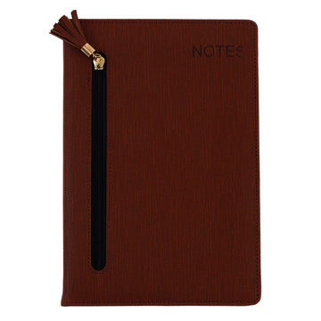 128 Sheet Pu Debossed Journal W/Zipper Pocket & Tassel, 'Notes' Brown Pms 7602, 5.5"Wx8.25"L