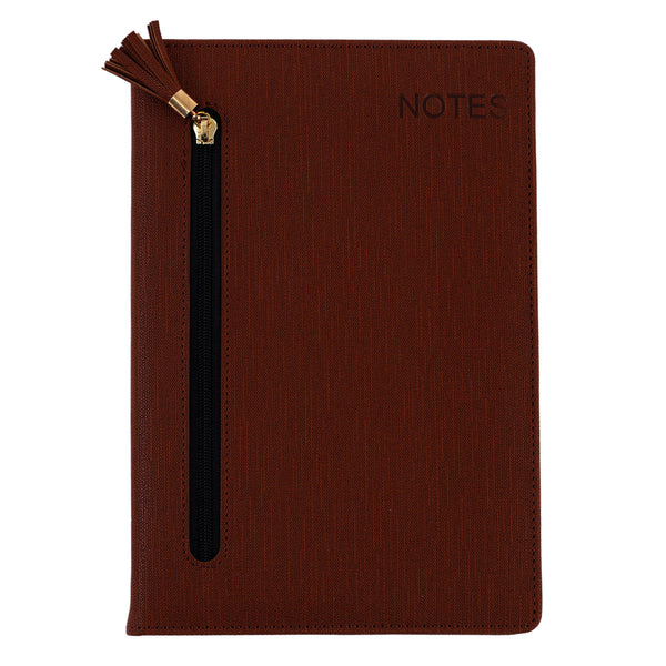128 Sheet Pu Debossed Journal W/Zipper Pocket & Tassel, 'Notes' Brown Pms 7602, 5.5"Wx8.25"L