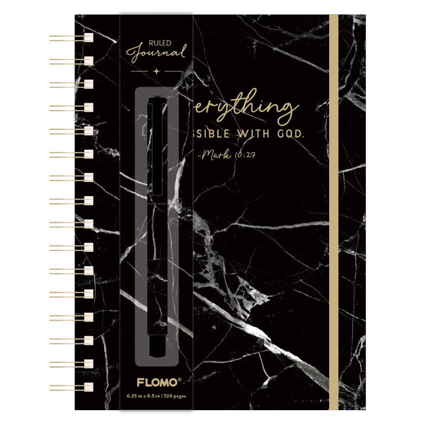 160Sht/320Pge Jumbo Spiral Chunky Journal W/Pen, Black Marble Religious, 8.5" X 6.25"