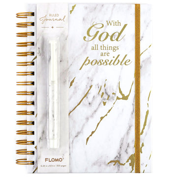 160Sht/320Pge Jumbo Spiral Chunky Journal W/Pen, With God White Marble, 8.5" X 6.25"