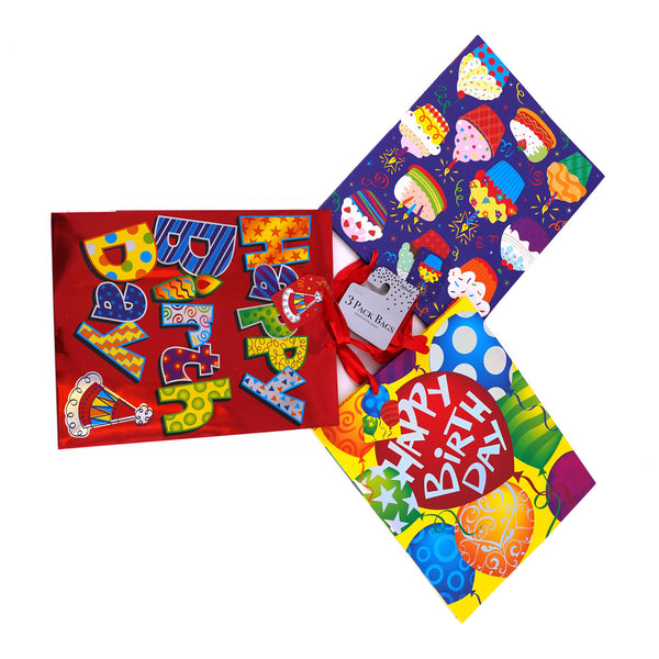 3Pk Large Birthday Fun Print On Gloss Metallic/Hot Stamp/Glitter Gift Bags, 3 Assted Designs
