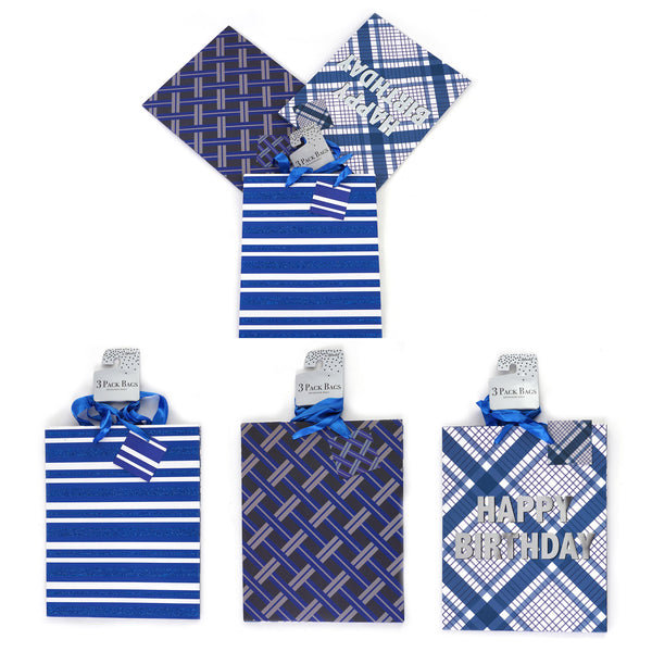 3Pk Large Birthday Plaids & Stripes Hot Stamp/Glitter Gift Bags, 3 Designs