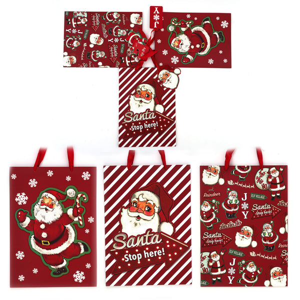 3Pk Extra Large Christmas Gift Bags W/Glitter, Retro Santa Holiday, 3 Designs