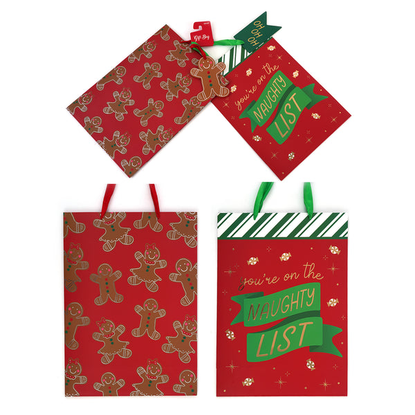 2Pk Extra Large Christmas Gift Bags W/Hot Stamp - Red Naughty Gingerbread