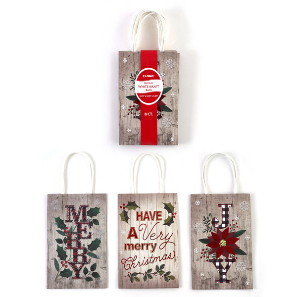 8Pk Narrow Medium Hot Stamp Bundle White Christmas Plaids Kraft Bags, 3 Designs
