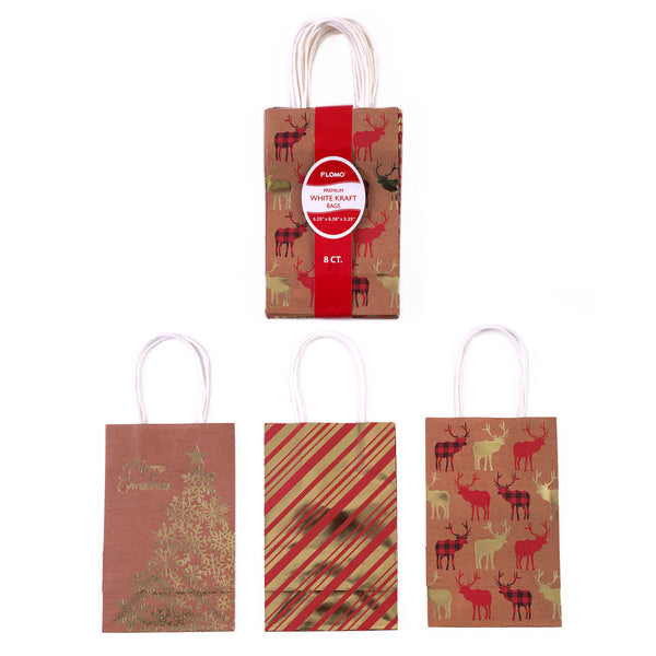 8Pk Narrow Medium Hot Stamp Bundle Red Gold Christmas Kraft Bag, 3 Designs