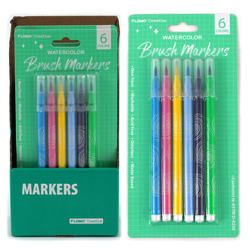 6Pk Brush Markers, 6 Colors, Green Packaging