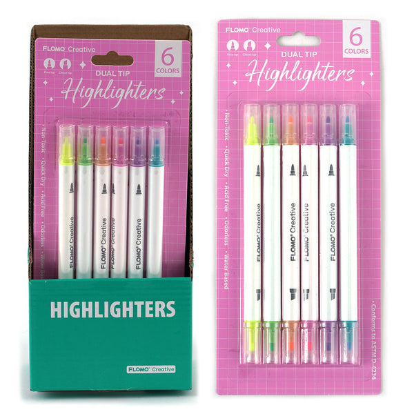 6Pk Dual Tip Highlighters, 6 Colors, Pink Packaging