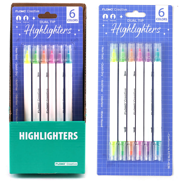 6Pk Dual Tip Highlighters, 6 Colors, Purple Packaging