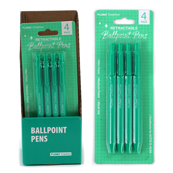 4 Pc Retractable Ball Point Pens, Green Barrel/Packaging