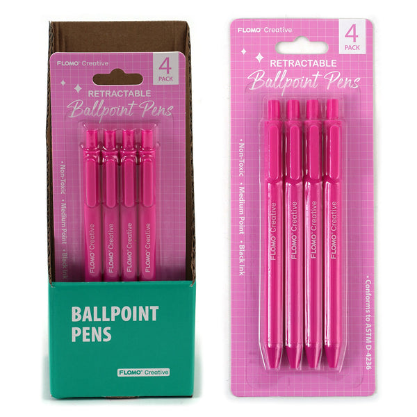 4 Pc Retractable Ball Point Pens, Pink Barrel/Packaging