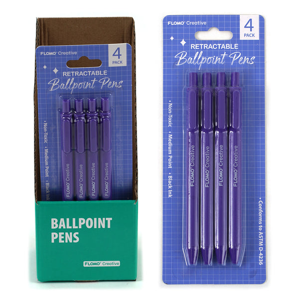 4 Pc Retractable Ball Point Pens, Purple Barrel/Packaging