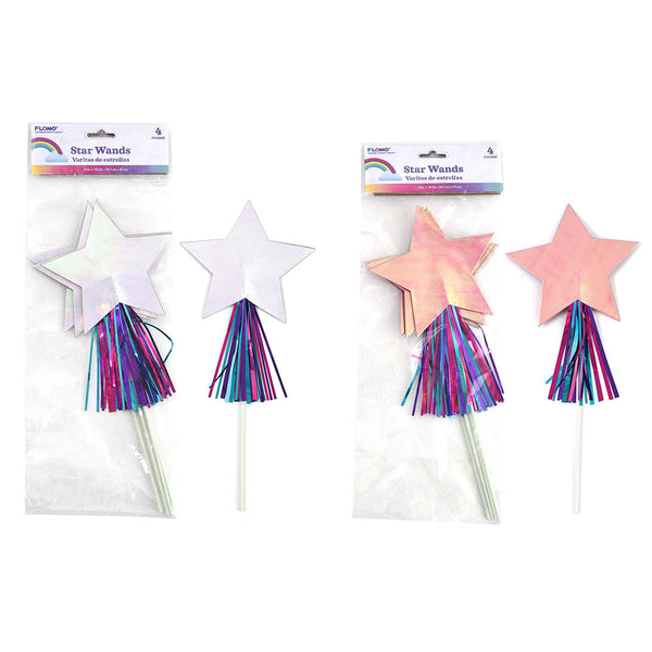 4Pcs Iridescent Star Wands, 13 H X 5 W W/Hanging Strands, 2 Colors