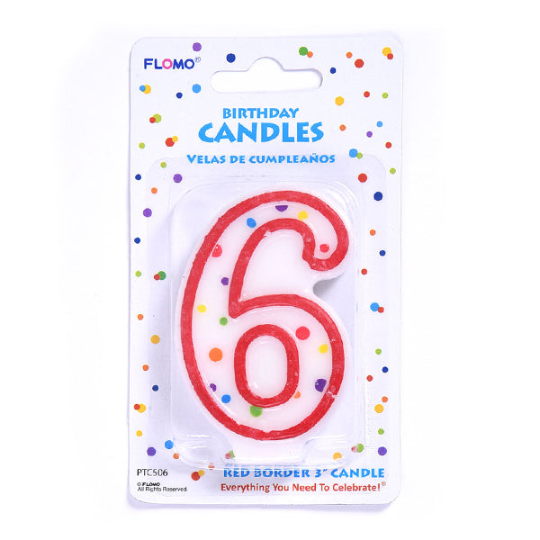 3" 1Pk Birthday Candle -Red Border Numerical "6"