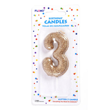 2.75" 1Pk Birthday Candle - Gold Glitter Number "3"