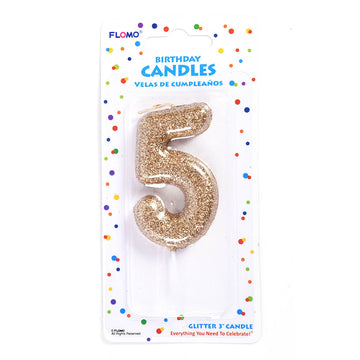 2.75" 1Pk Birthday Candle - Gold Glitter Number "5"