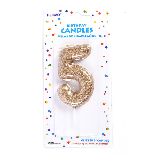 2.75" 1Pk Birthday Candle - Gold Glitter Number "5"