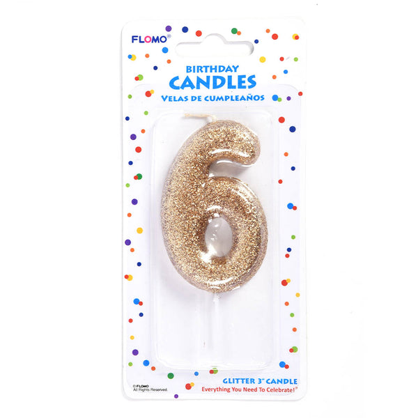2.75" 1Pk Birthday Candle - Gold Glitter Number "6"