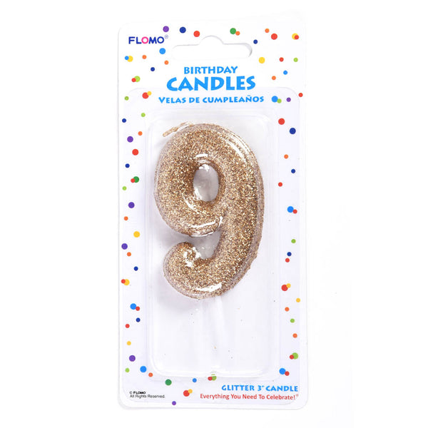 2.75" 1Pk Birthday Candle - Gold Glitter Number "9"