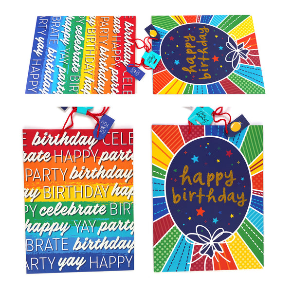 2Pk Super Birthday Typograpy-Balloon Glitter Gift Bags, 2 Designs