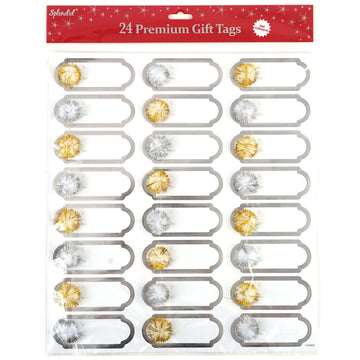 24Ct Christmas Gold And Silver Tinsel Pom Poms Self-Stick Gift Tags With Hot Stamping