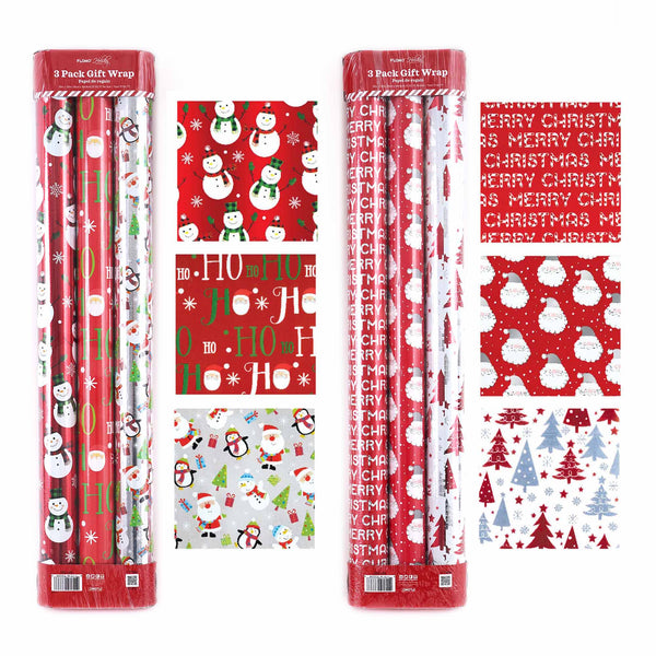 3Pk Christmas Tiding Printed Metallic/Print Roll Wraps,30"X120",2"Dia,75 Sqft/Total,2Assts