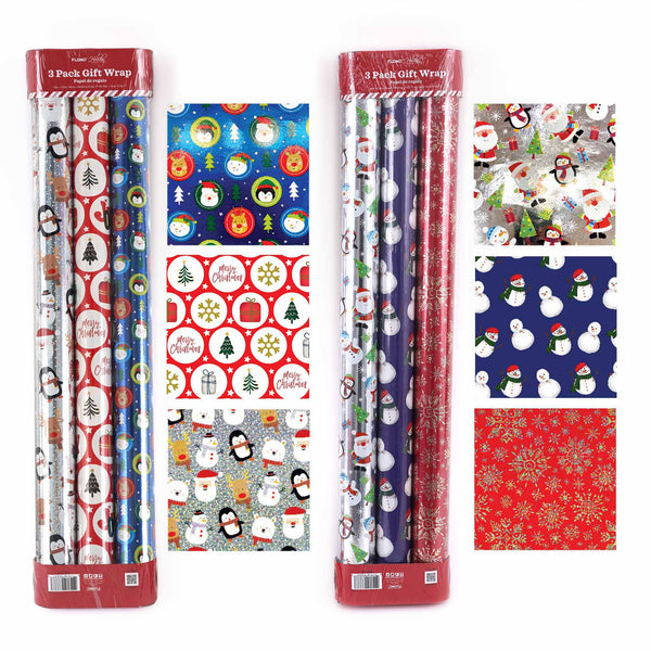 3Pk Christmas Fun Hologram/Metallic/Printed Roll Wraps,30"X120",2" Dia,75 Sqft/Total,2 Assts