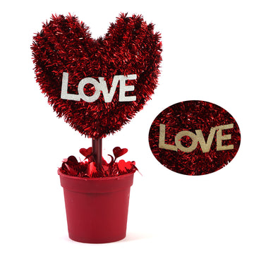 8"H Valentine Tinsel Heart With Glitter Love In Pot