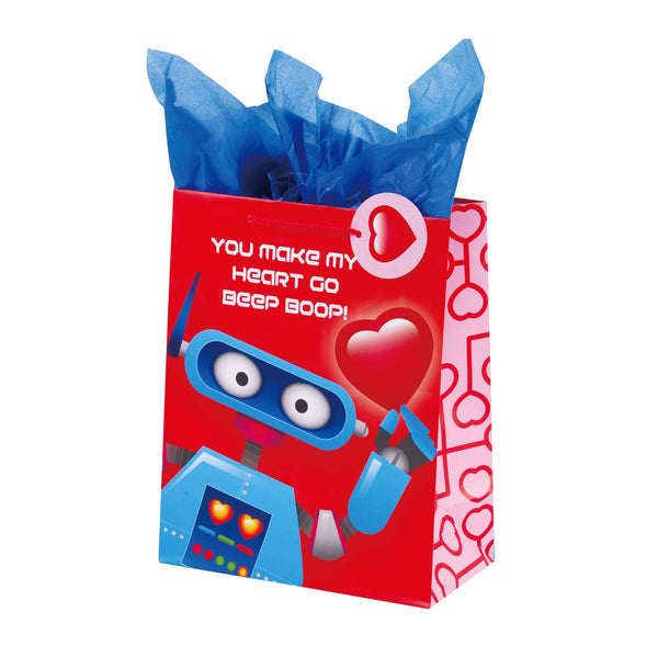 Large Dino-Robot Valentine Matte Gift Bag, 4 Designs