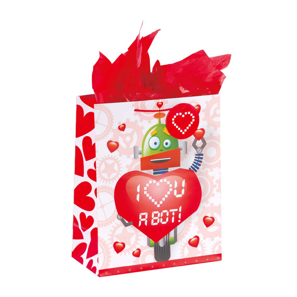 Large Dino-Robot Valentine Matte Gift Bag, 4 Designs