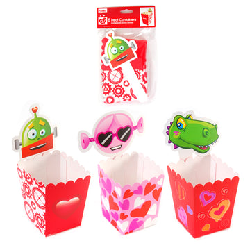 Valentine-6Pcs 4"H 3" W  2.5" Base Paper Treat Container  With Die Cut Icon, 3 Designs