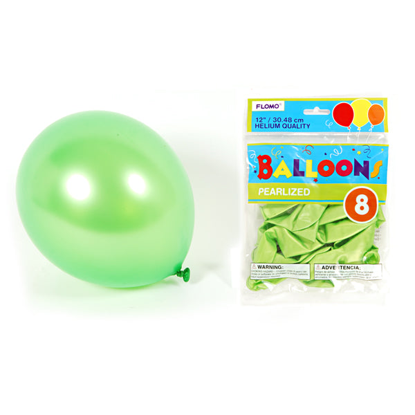 8Pack, 12" Green  Pearlized Balloons
