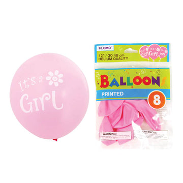 8Pack, 12" "It's A Girl" Printed Balloons