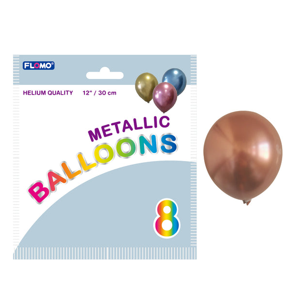 8Pk 12" Birthday Metallic Shine Balloons, Rose Gold