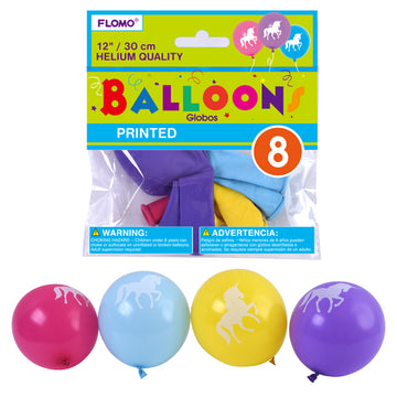 8Ct 12" Printed Unicorn Balloons, 2 Pcs Each Color, 4 Colors