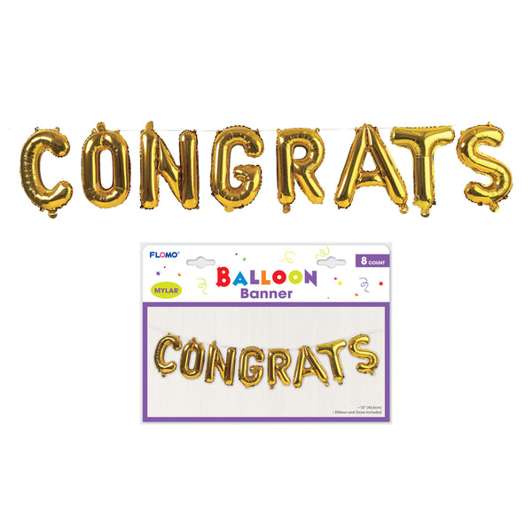8Pcs Set "Congrats" Gold Mylar Balloon Banner, 16"