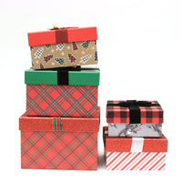 5Pc Christmas Plaid Square Nested Boxes With Seperate Lids With Bows And Bells