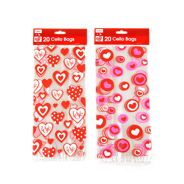 20Pcs Valentine Cello Bags With Silver Metallic Ties 5" X 11.5", 2 Designs