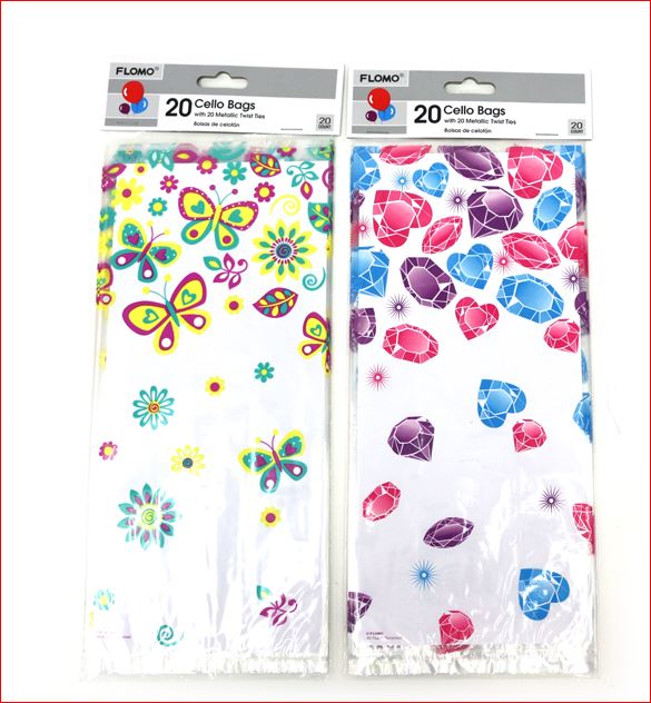 20Ct Gems/Butterflies Printed Cello Bags With Metallic Twist Ties  5" X 11.5"
