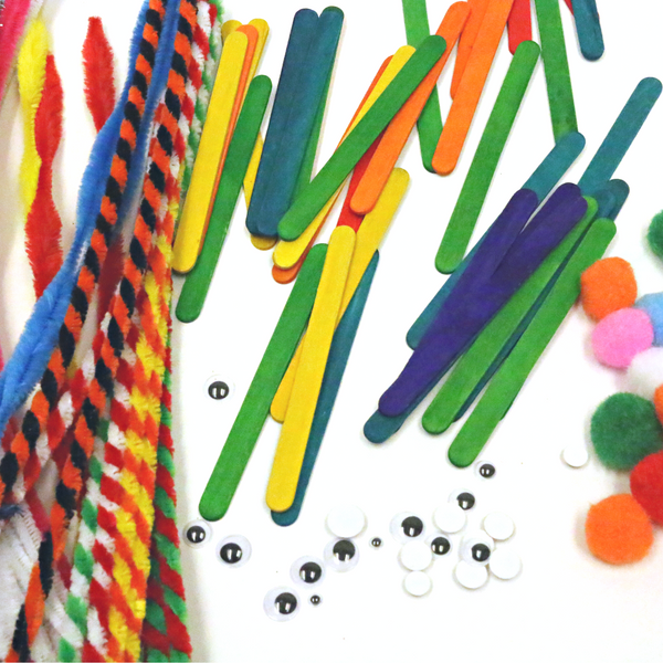 380pc Arts & Crafts Kit, Pipe Cleaners/craft Sticks/pom Poms/googly Eyes, Black/blue (4/24)