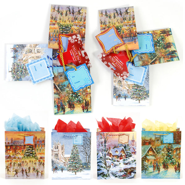 Small 3Pk Mixed Christmas Town On Matte Gift Bags With Header, 4 Groups