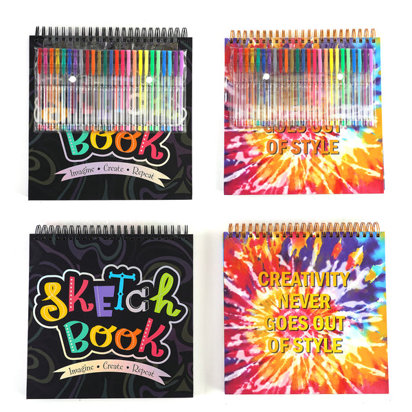 100 Sht/200 Page 12"X12" Sketch Book W/25 Gel Pens, Hotstamp Tie Dye-Multi-Font, 2 Designs