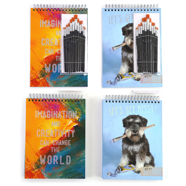 100 Sht/200 Page 9"X12" Sketchbook W/12Pk Paint Brush, Hot Stamp, Dog-Imagine, 2 Designs