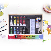 18Pcs Acrylic Paints With Tools In Wood Box W/Clipboard