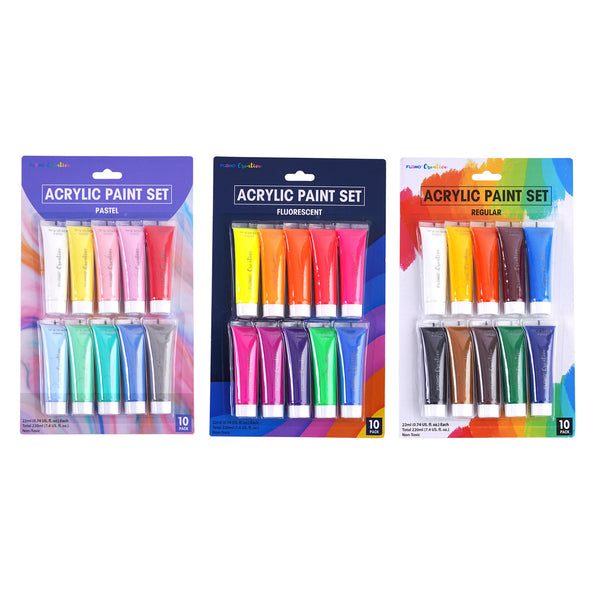 10Pk 22Ml Acrylic Paints, 3 Assortments, Soft Tubes